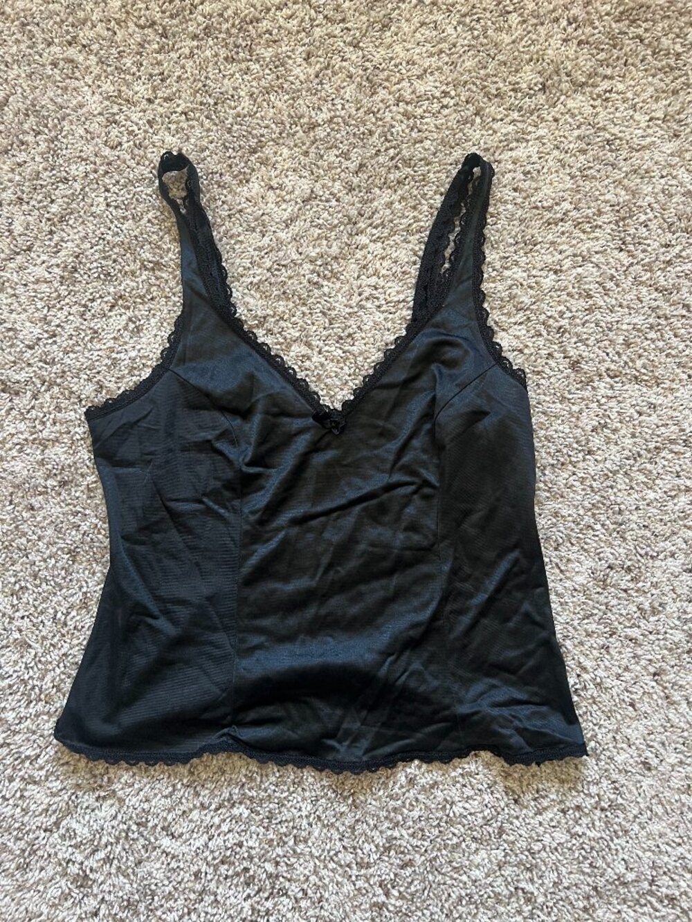 Vintage Warners Black Satin Lace Trim Cami Y2K 90s Lingerie Feminine Coquette
